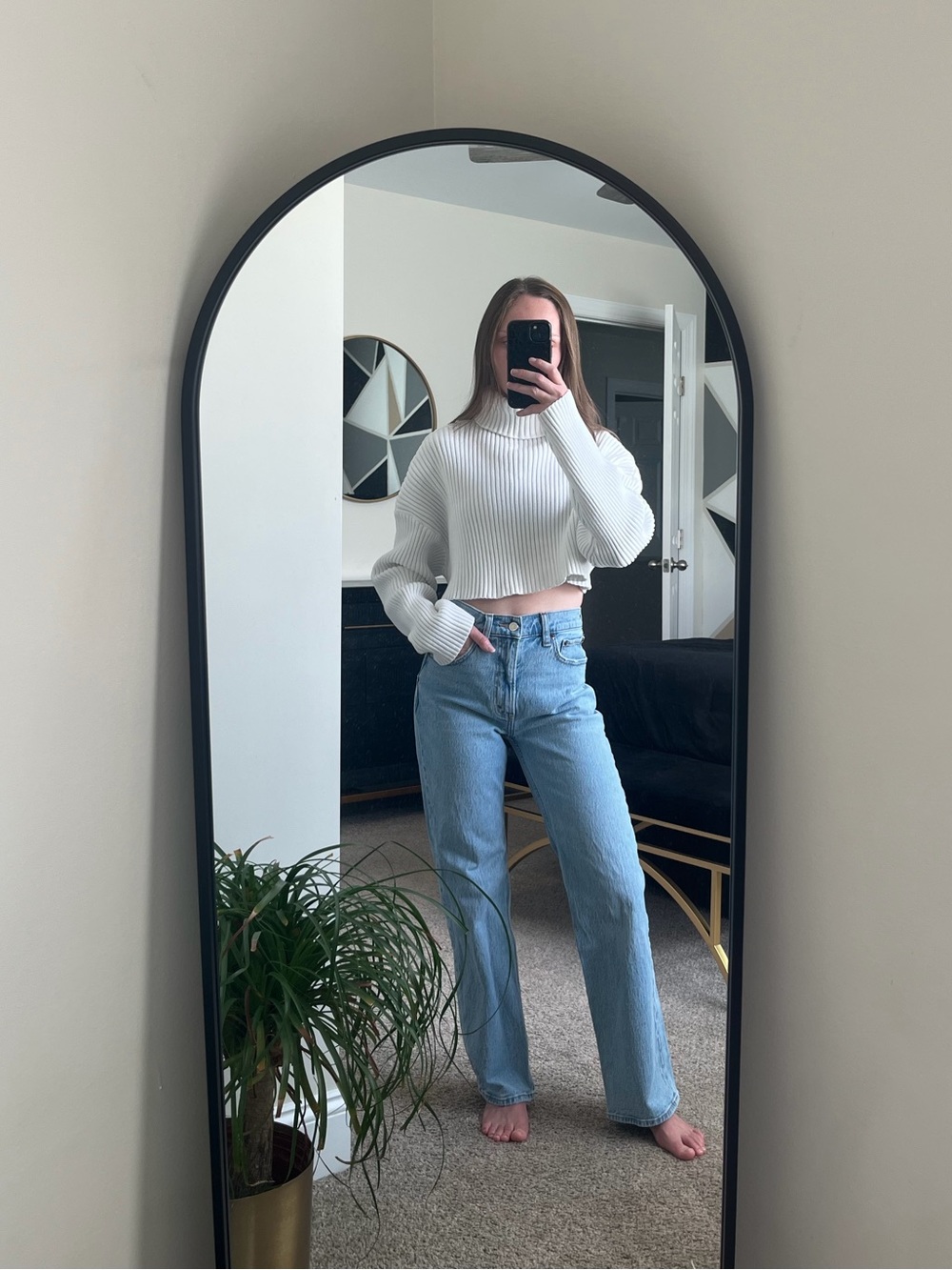 Mimosa White Cream Off-White Cropped Ribbed Knit Long Sleeve Turtleneck Sweater